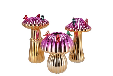 BIRD MUSHROOM VASE METALIC FUCHSIA per stuk 14X14X20CM NM