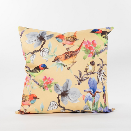 Buitenkussen 45x45cm vogels geel