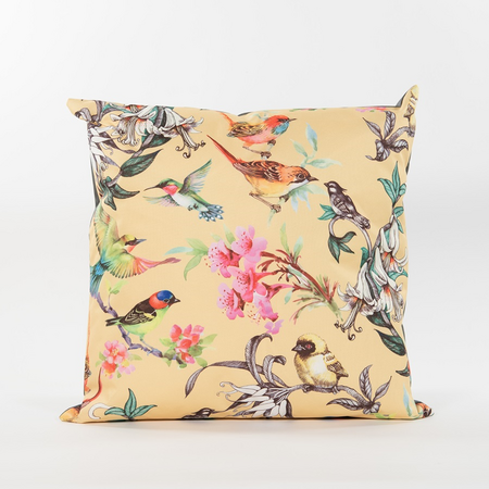 Buitenkussen 60x60cm vogels geel
