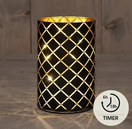Cylinder glas 8 led d10h15cm zwart