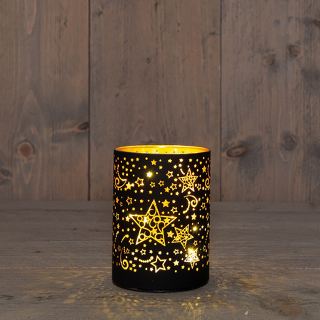 Cylinder glas stars led 12x9cm zw