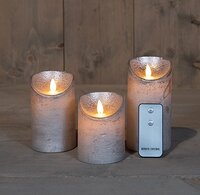 Kaars wax rustiek met vlam met afstandsbediening zilver op batterijen 3 stuks