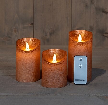 Kaars wax rustiek met vlam met afstandsbediening koper op batterijen 3 stuks