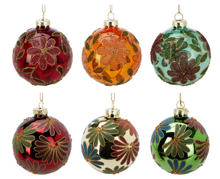 KERSTBAL GLAS 80MM BLOEM 6ASS