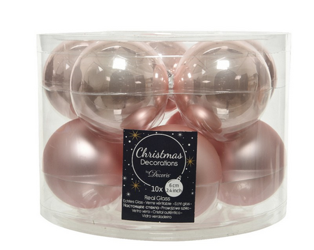 Kerstbal glas d6cm poeder roze 10st