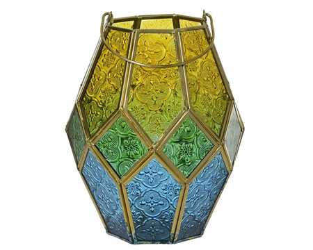 Lantaarn glas d15h12.5cm geel